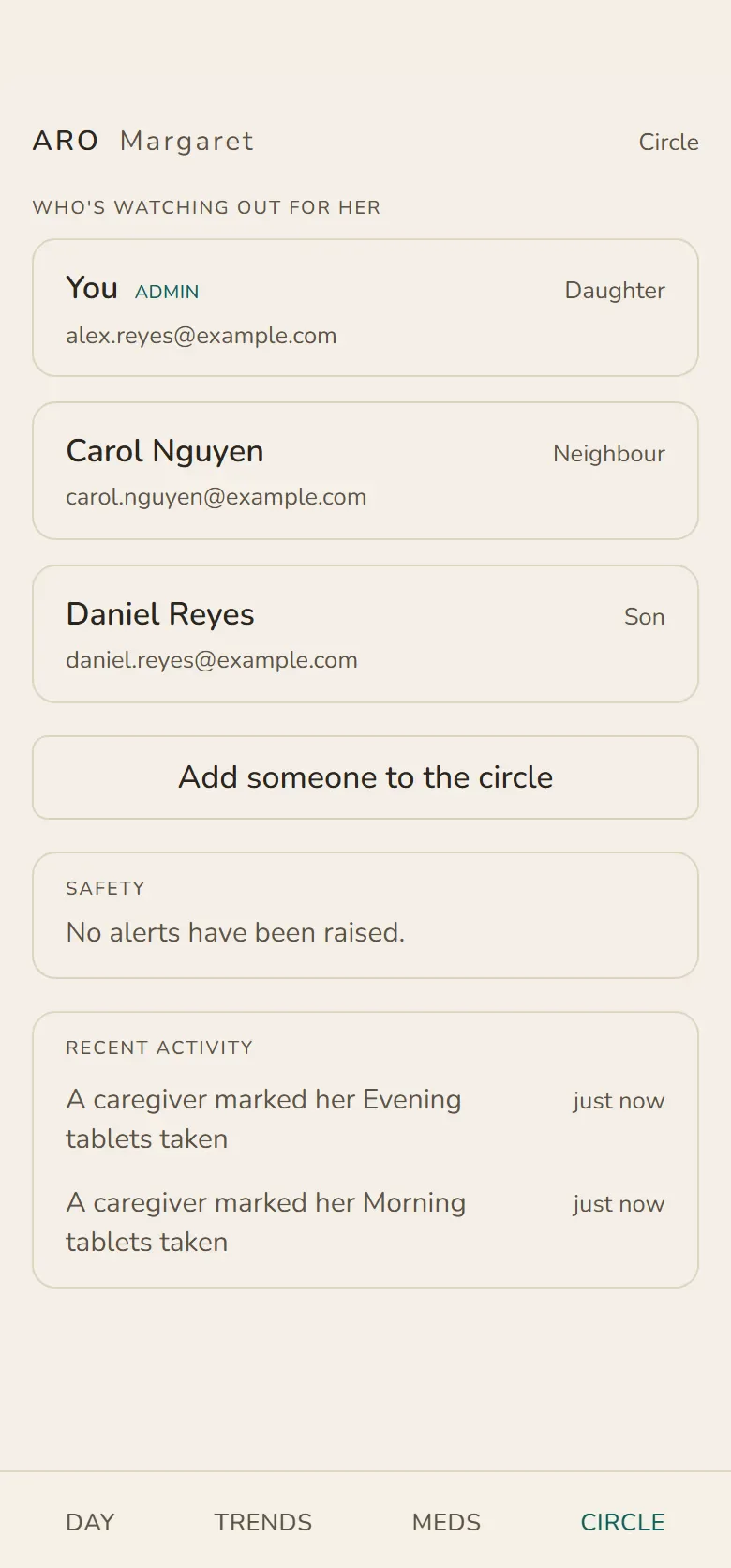 Aro's Circle screen: the three family members watching out for her, and a recent activity entry.