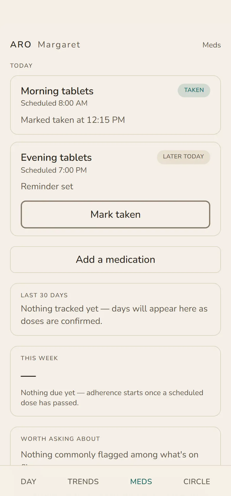 Aro's Meds screen: the morning tablets are marked taken and the evening tablets are still to come.